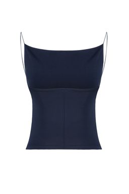 Lacivert Fitted/Vucuda Oturan Degaje Yaka Esnek Orme Bluz TWOSS21BZ0667
