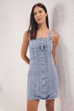 Trendyolmilla Ac?k Mavi Dugme Detayl? Duz Mini Denim Elbise TWOSS25EL00758