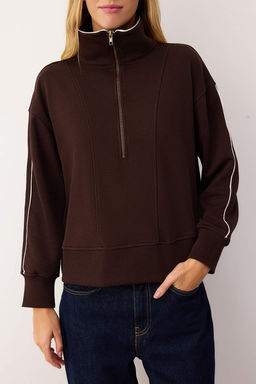 Kahverengi Fermuarl? Polo Yaka Serit Detayl? Regular/Normal Kesim Orme Sweatshirt TWOAW26SW00034