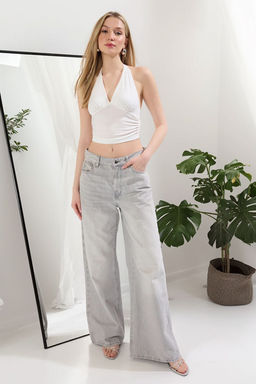Ekru Boyundan Baglamal? Vucuda Oturan Crop Esnek Orme Bluz TWOSS24BZ00061