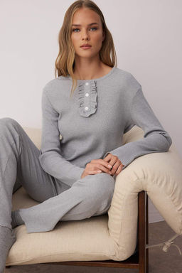 Gri Melanj Yar?m Patl? F?rf?rl? Fitilli Orme Pijama Tak?m? THMAW26PT00005