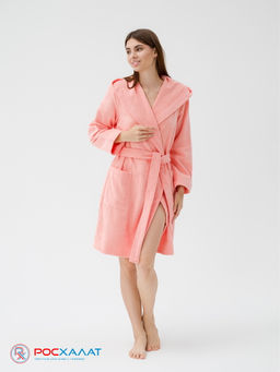 Махровый женский укороченный халат с капюшоном светло-коралловый МЗ-01 (6) - Росхалат фото 2