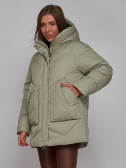Зимняя женская куртка модная с капюшоном светло-зеленого цвета 52362ZS