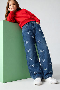 Mavi K?z Cocuk %100 Pamuk Kurdele Desenli Wide Leg Lastikli Denim Pantolon TKDSS25JE00007