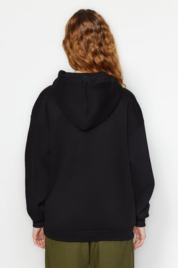 Siyah Kal?n Ici Polarl? Oversize/Genis Kal?p Kapusonlu Basic Orme Sweatshirt TWOAW24SW00103