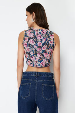 Trendyolmilla Cok Renkli Kare Yaka Slim Bask?l? Tul Orme Bluz TWOSS23BZ00454  фото 6