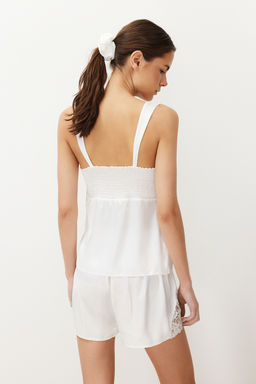 Bride/Bridal Beyaz Dantelli Kurdele/Fiyonklu Tokal? Saten Sortlu Dokuma Pijama Tak?m? THMSS24PT00157