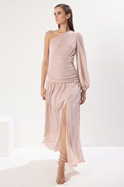 TRENDYOLMILLA Pudra Astarl? Par?lt?l? Tek Kol Uzun S?k Abiye Elbise TPRSS25AE00042  фото 7