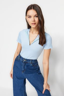 Mavi Fermuarl? Dik Yaka Fermuarl? K?sa Kollu Esnek C?tc?tl? Orme Body TWOAW21BD0009