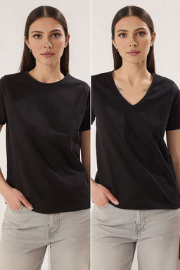 TRENDYOLMILLA Siyah-Siyah 2Li Paket %100 Pamuk Regular Bisiklet-V yaka Orme T-Shirt TWOSS25TS00189