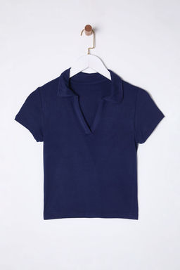 Trendyolmilla Siyah Duz Fitted/Vucuda Oturan Polo Yaka Orme Bluz TWOSS25BZ00003