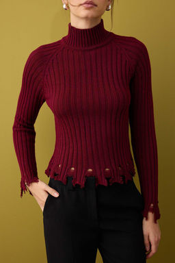 Bordo K?sa/Crop Etek Ucu Ak?tma Detayl? Triko Kazak TWOAW26KZ00102 - Trendyolmilla фото 3