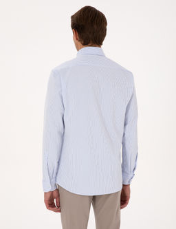 A__k Mavi Esnek Slim Fit _izgili Uzun Kollu G_mlek