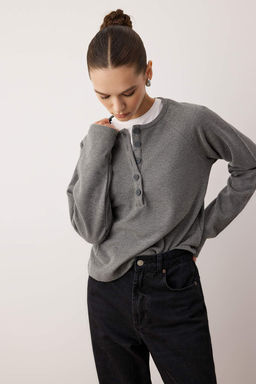 Antrasit Cift Gorunumlu Regular/Normal Kal?p Yar?m Patl? Selanik Kal?n Orme Bluz TWOAW26BZ00252