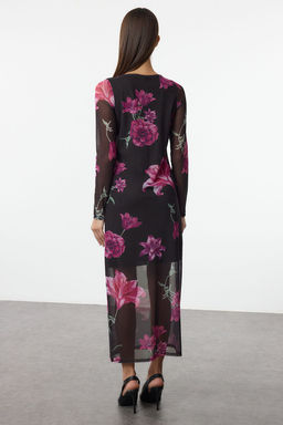 TRENDYOLMILLA Cok Renkli Bisiklet Yaka Bask?l? Astarl? Vucuda Oturan Tul Midi Orme Orme Elbise TWOAW24EL00605 фото 19