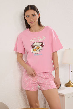 Pembe %100 Pamuklu Eglence Bask?l? Puantiyeli Sortlu Orme Pijama Tak?m? THMSS25PT00361