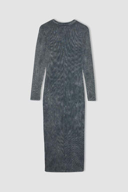 Крутое облегающее платье макси в рубчик с длинными рукавами и блестками - Defacto фото 10