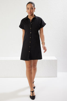 TRENDYOLMILLA Siyah Pamuk Saten Mini Dokuma Gomlek Elbise TWOSS25EL00129  фото 3