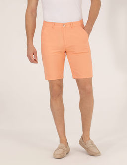 Turuncu Slim Fit Keten Kar___ml_ Beli Lastikli Bermuda _ort