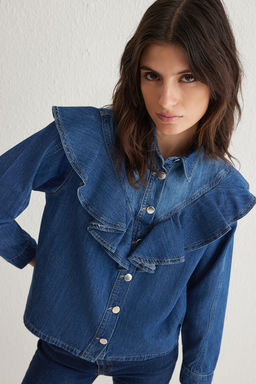 TRENDYOLMILLA Mavi Volanl? Denim Gomlek TWOSS25GO00003