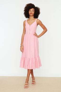 Pembe Skater/Belden Ac?lan Fermuar Detayl? Midi Astarl? Dokuma Elbise TWOSS20EL2208