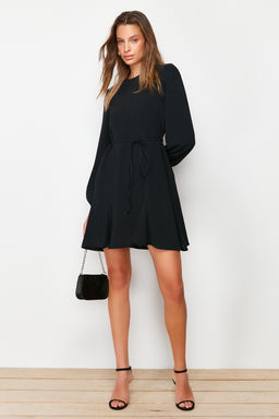 Siyah Kusakl? Duz Kesim Bisiklet Yaka Mini Dokuma Elbise TWOAW24EL00337