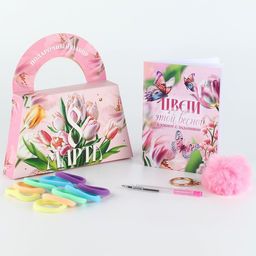Подарочный набор, в сумке: блокнот, резиночки, брелок, ручка 8 марта