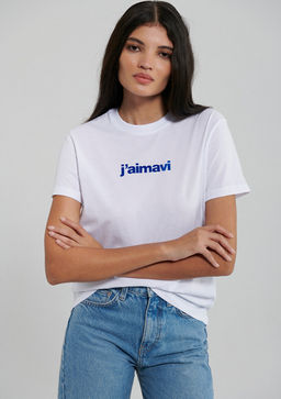 Mavi Bask?l? Beyaz Tisort