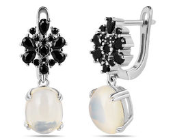 Серьги, опал нат. белый , шпинель нат., NKD-3547