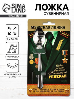 Цена за 2 шт. Ложка чайная с гравировкой Настоящий генерал, на подарочной открытке, 3?14 см