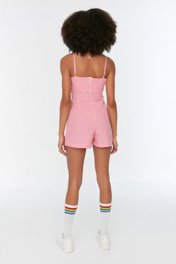 Pembe Potikareli Pencere Detayl? Ask?l? Mini Dokuma Tulum TWOSS22TU0277