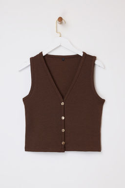 Kahverengi Fitted/Vucuda Oturan V Yaka Dugmeli Kolsuz Interlok Orme Bluz TWOSS26BZ00180 - Trendyolmilla фото 5