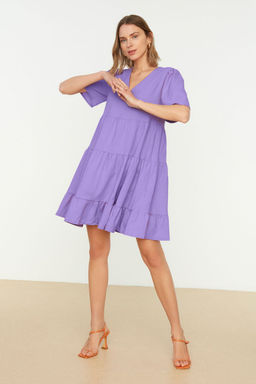 Lila Genis Kesim V Yaka Mini Dokuma Elbise TWOSS20EL0400