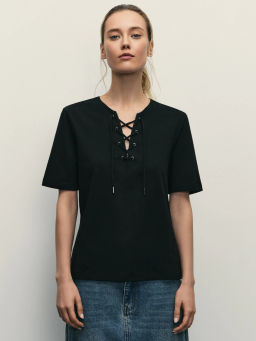 Футболка из хлопка со шнуровкой / Zarina фото 3