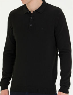 Siyah Slim Fit Polo Yaka Basic Triko Kazak