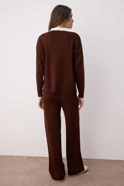 Kahverengi Polo Yaka Renk Bloklu Kazak-Pantolon Triko Alt - Ust Tak?m TWOAW26AU00011 - Trendyolmilla фото 4