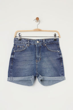 Koyu Mavi Yuksek Bel Paca Katlamal? Mini Denim Sort TWOSS25SR00170