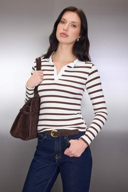 Kahverengi Cizgili Soft Touch Polo Yaka Vucuda Oturan Orme Bluz TWOAW26BZ00355