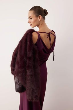 Mor A-Kesim Degaje Yaka Saten Maxi S?k Elbise TPRSS25EL00318