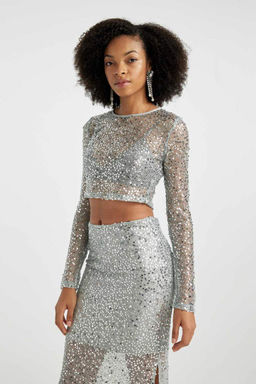 Футболка обычного кроя с круглым вырезом и длинными рукавами из ткани с пайетками - Defacto фото 5