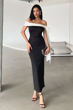 TRENDYOLMILLA Siyah-Beyaz Vucuda Oturan Omuz Fiyonk Detayl? Orme S?k Elbise TPRSS25EL00293 фото 5