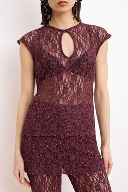 Murdum Tas Bask?l? Dekolteli Dantel Party Bluz TPRSS26BZ00053