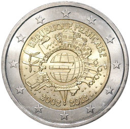 2 евро 2012 года Франция  10 лет евро наличными