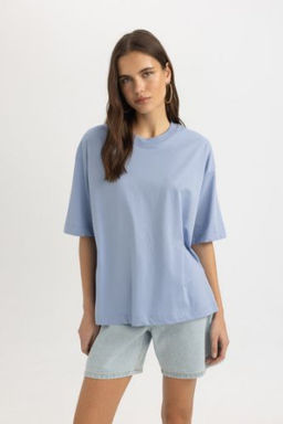 Oversize Genis Kal?p Bisiklet Yaka Penye Basic Duz K?sa Kollu Tisort