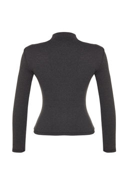 Koyu Antrasit Fitted/Vucuda Oturan Dik Yaka Uzun Kol Fitilli Esnek Orme Bluz TWOAW21BZ0423