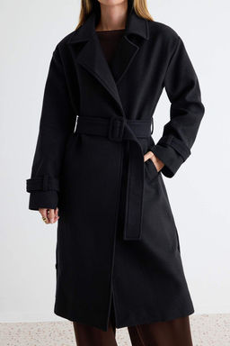 Siyah Oversize Geni_ Kesim Kemerli Uzun Y_nl_ Ka_e Kaban TWOAW22KB0015 - Trendyolmilla фото 4