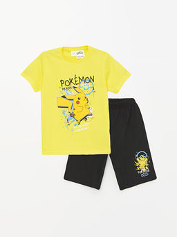 Bisiklet Yaka Pikachu Bask?l? K?sa Kollu Erkek ?ocuk ?ortlu Pijama Tak?m?