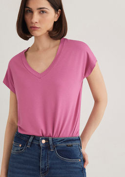 V Yaka Pembe Basic Viskoz Tisort - Mavi фото 3