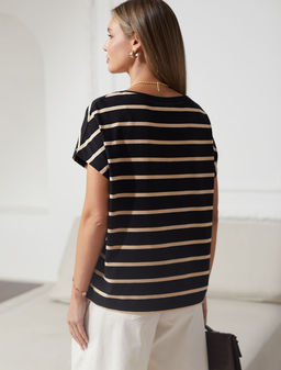 Футболка в полоску с V-вырезом и цельнокроеным рукавом из премиального хлопка - Vilatte фото 3