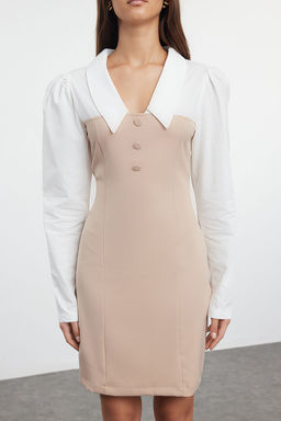 Camel Duz Vucudu Saran Gomlek Yaka Dokuma Elbise TWOAW23EL00611
